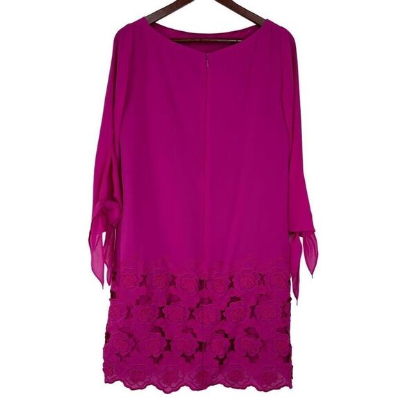 Tahari ASL Pink Floral Eyelet Hem Shift Dress w Self Tie Sleeves Womens 8 - Picture 2 of 10